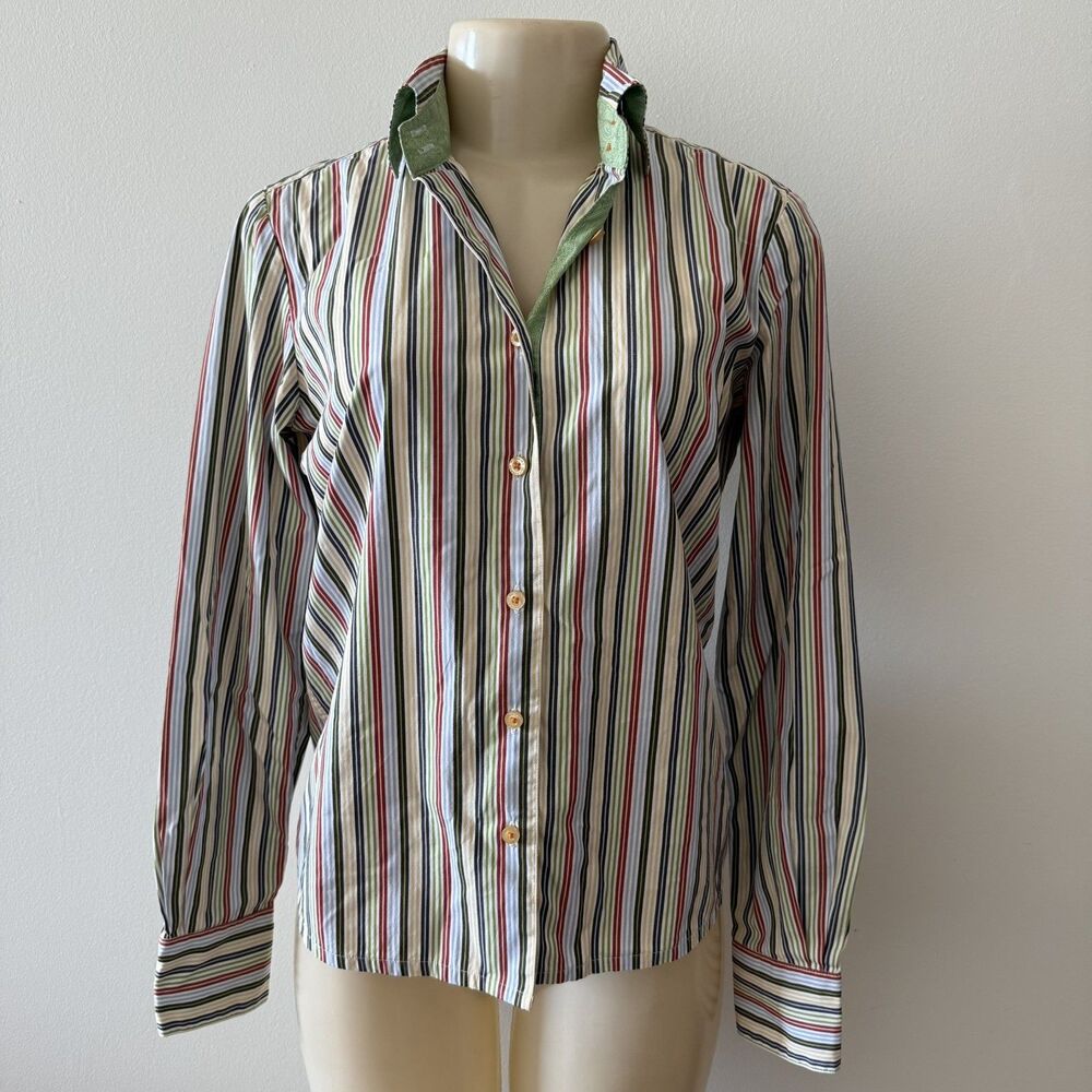 Robert Graham Button Down Shirt Women Sz 8 Multi-Color Vertical Stripe Flip Cuff